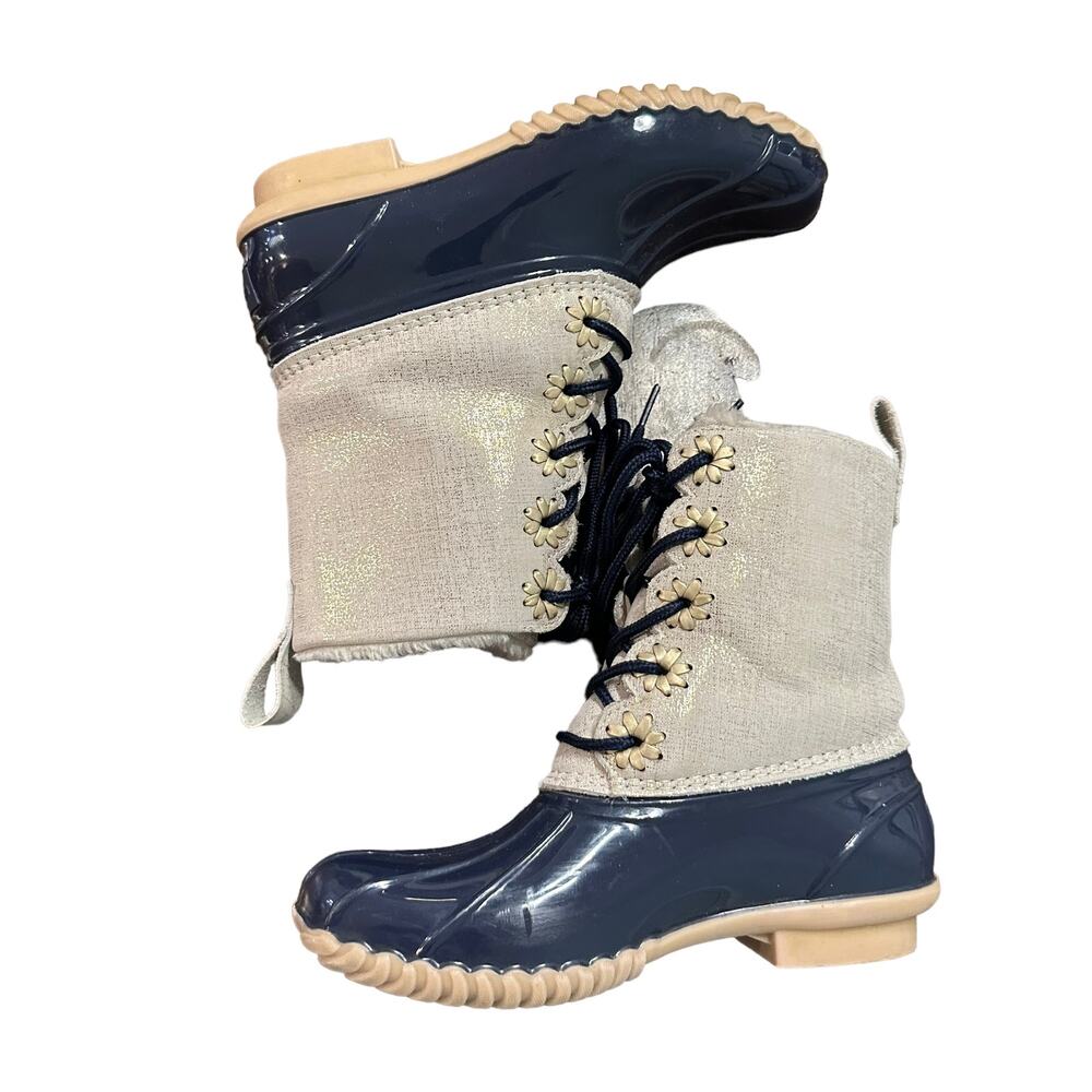 Jack Rogers Womens duck boot with navy and metallic gold, fur lined, Size 5M